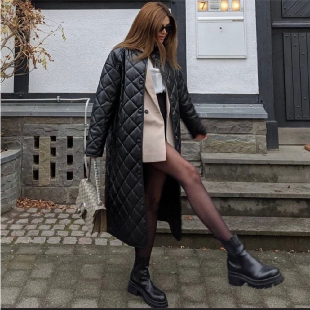 ZARA Quilted Faux Leather Black Long Coat Sz M oversized relaxed fit